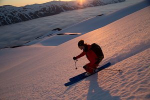 Spring heliskiing on the Troll Peninsula, Iceland.
